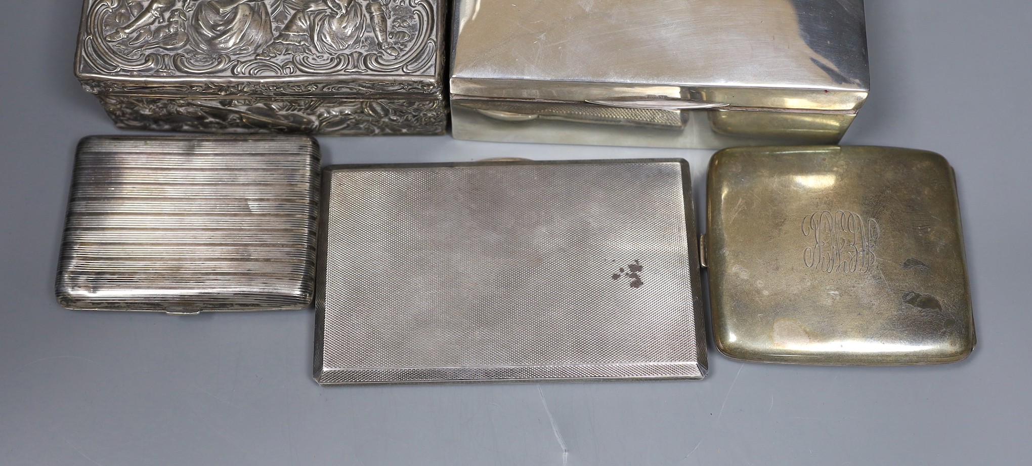 Six assorted cigarette cases or boxes, including two silver boxes, largest 14.2cm, three silver cigarette case and an 800 case and one plated card case.